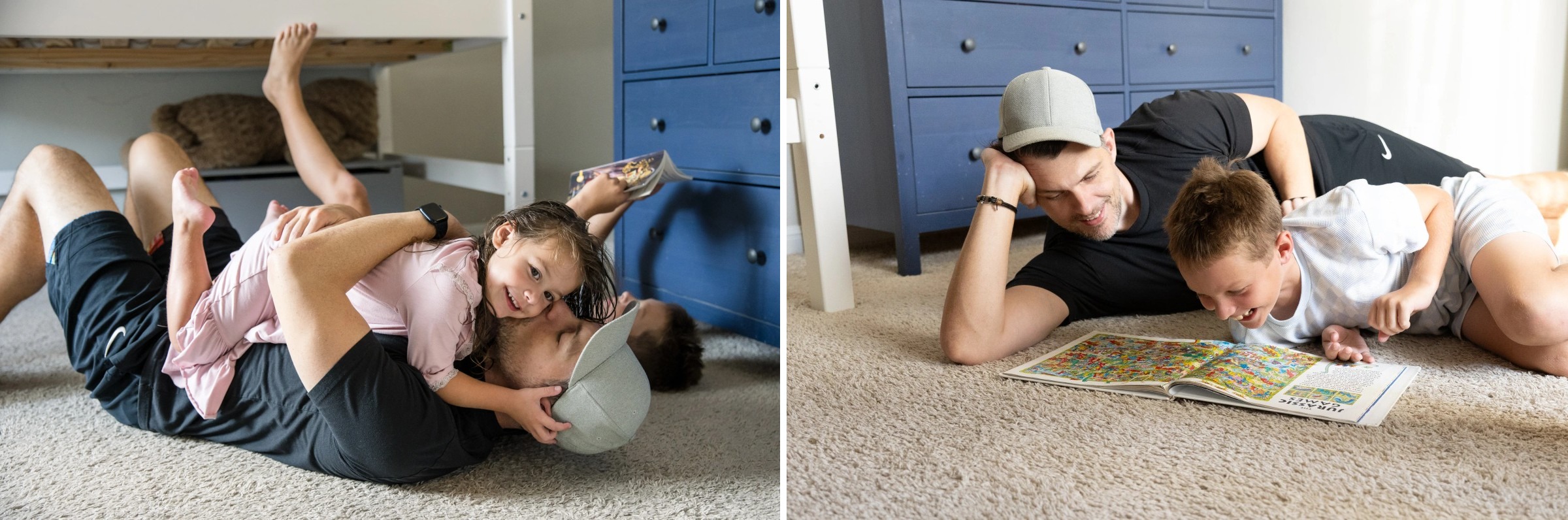 Child hugging dad and reading a book  on a bedroom floor in a lifestyle family photography session at an Austin, TX home