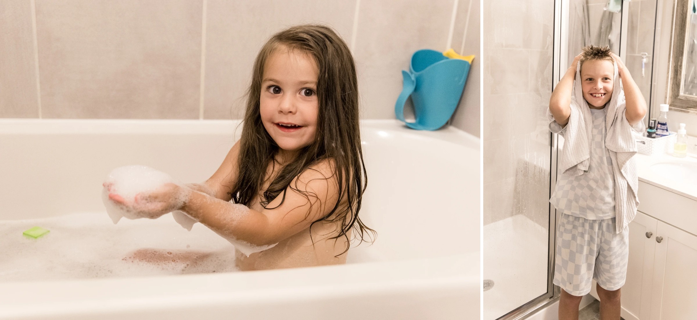 Young child playing with soap bubbles during bath time in a family session captured at an Austin, TX home