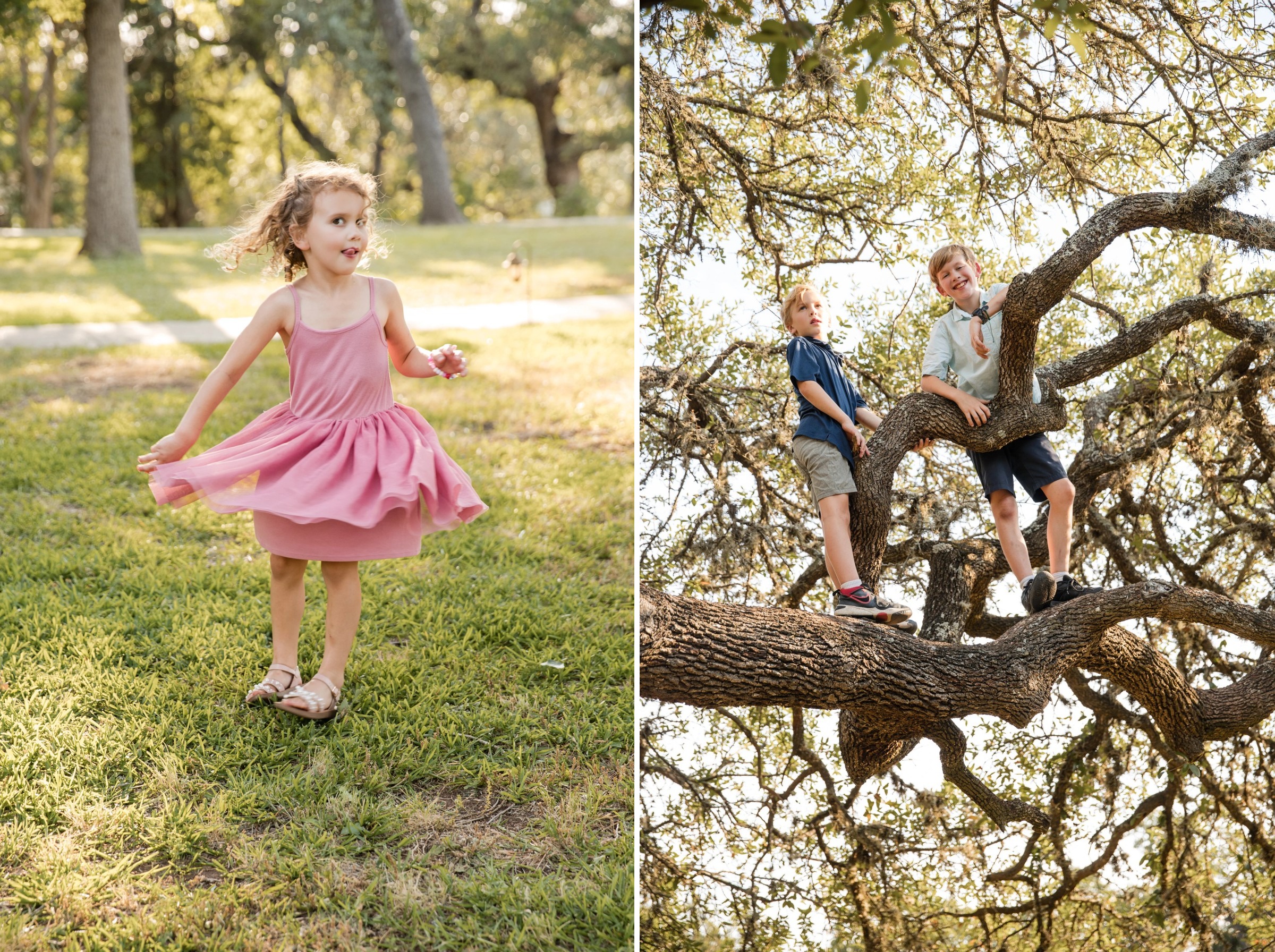 Young girl plays and moves freely in a park during a family photography session in Austin, TX